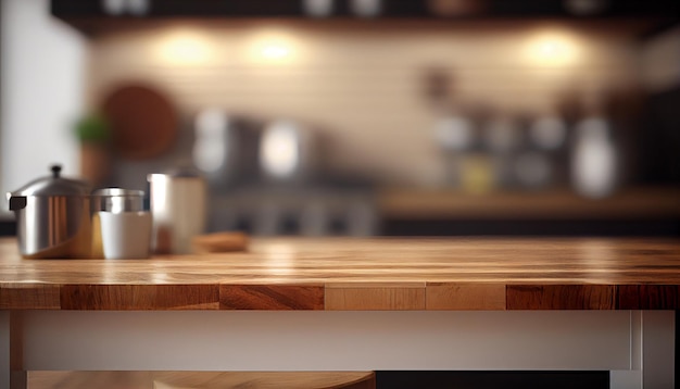 Mesa de madera en el fondo de la sala de cocina borrosa Para exhibición de productos de montaje o diseño visual clave de diseño