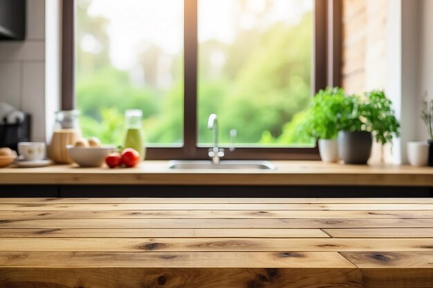 Foto la mesa de madera en el fondo de la ventana de la cocina borrosa se puede utilizar para mostrar o montar sus productos o alimentos