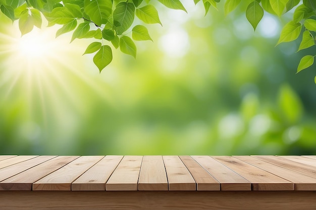 Mesa de madera con fondo verde natural borroso o varias hojas luz solar brillante producto concepto vacío