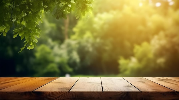 Una mesa de madera con un fondo verde y el sol brillando a través de las hojas.