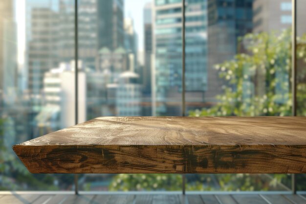 Mesa de madera con fondo de vidrio borroso para la exhibición de productos