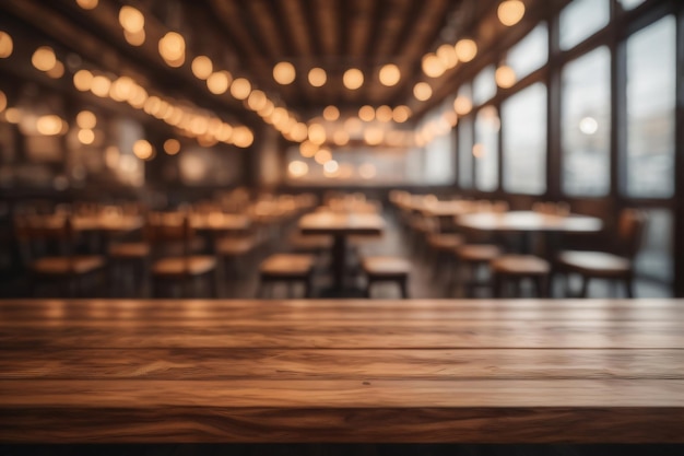 mesa de madera fotográfica con vistas a la barra vacía borrosa para el puesto de productos