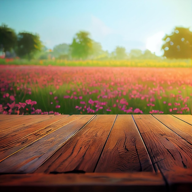 Mesa de madera frente al Campo de Flores Ilustración 3D La mesa está hecha de madera desgastada y tiene