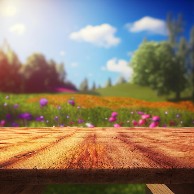 Foto mesa de madera frente al campo de flores ilustración 3d la mesa está hecha de madera desgastada