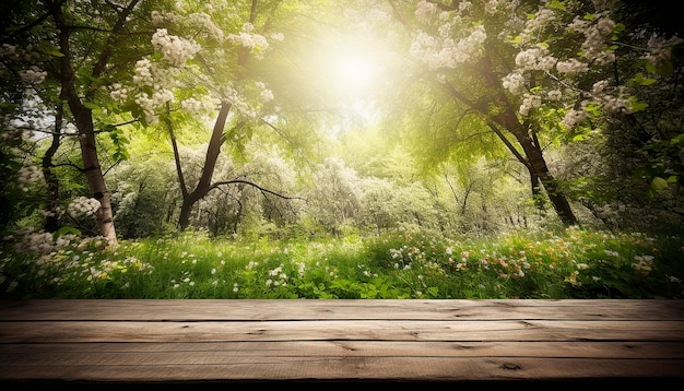 Una mesa de madera frente a un bosque con un árbol y flores en el fondo