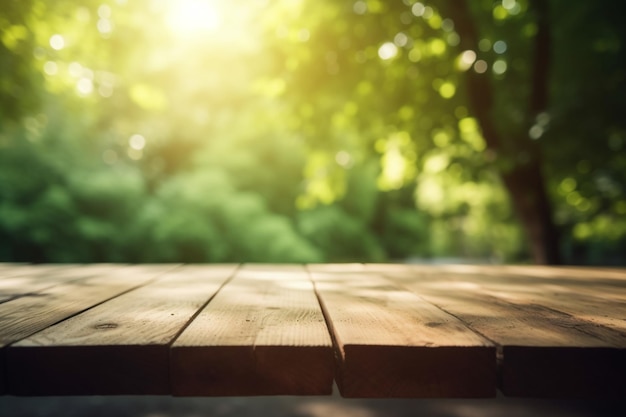 Una mesa de madera frente a un bosque con fondo de luz solar