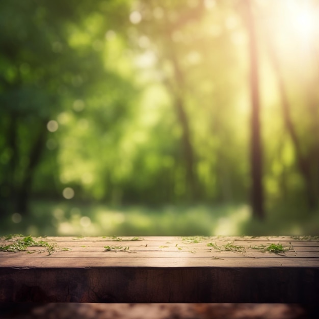 Una mesa de madera frente a un bosque con fondo de luz solar