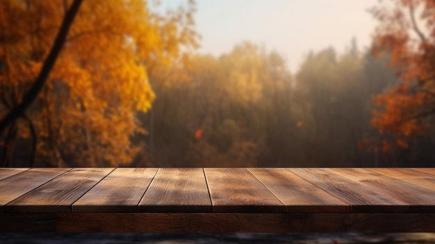 Mesa de madera frente a bosque otoñal borroso Imagen AI generativa