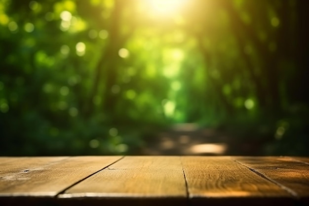 Una mesa de madera frente a un bosque.