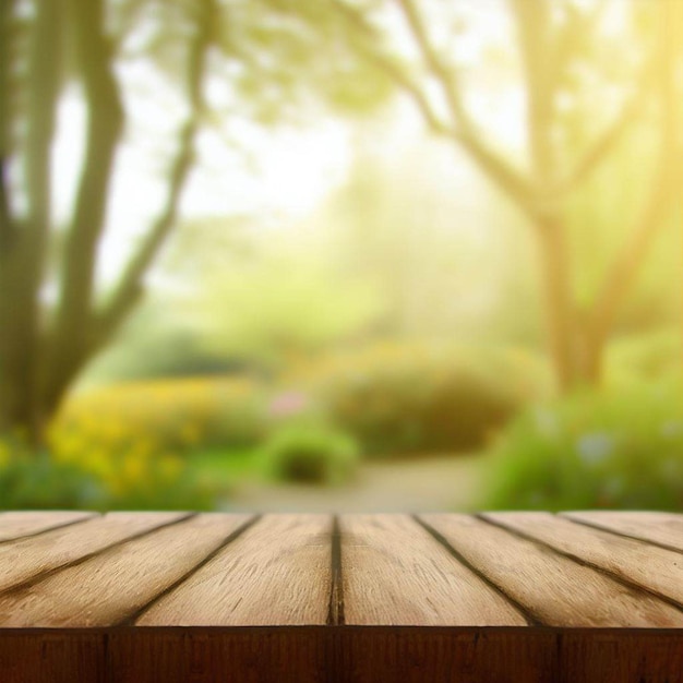 Una mesa de madera frente a un fondo forestal