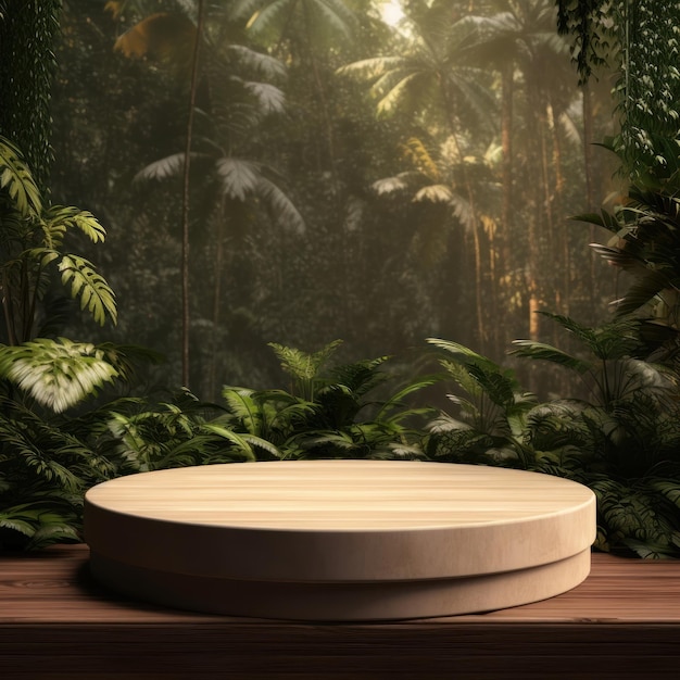 Una mesa de madera frente a una jungla con un fondo selvático