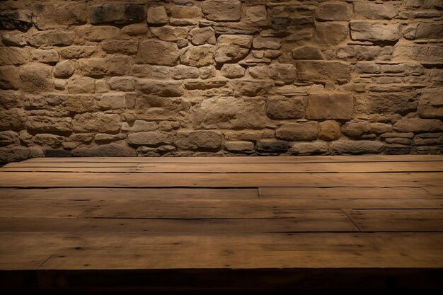 una mesa de madera frente a un muro de piedra