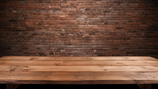 Una mesa de madera frente a una pared de ladrillo