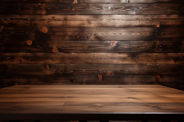 Mesa de madera frente a una pared de madera con un fondo borroso