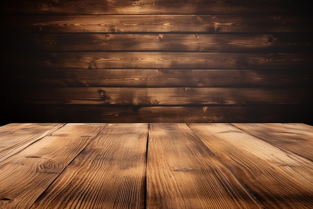 Mesa de madera frente a una pared de madera con un fondo borroso