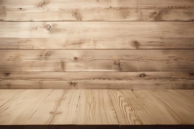 Mesa de madera frente a una pared de madera con un fondo borroso