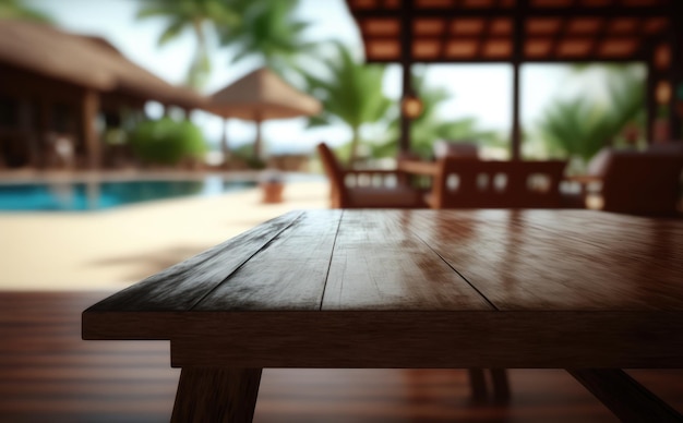 Una mesa de madera frente a una piscina con una palmera al fondo.