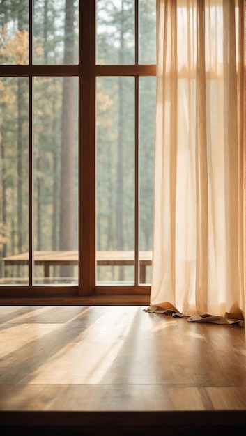 Mesa de madera frente a una ventana con una cortina y vista del bosque Foto de alta calidad