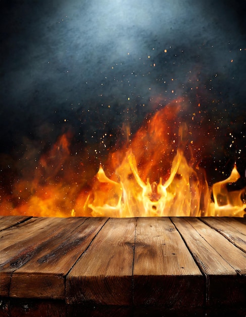 Foto mesa de madera con fuego ardiendo en el borde de la mesa partículas de fuego chispas y humo en el aire