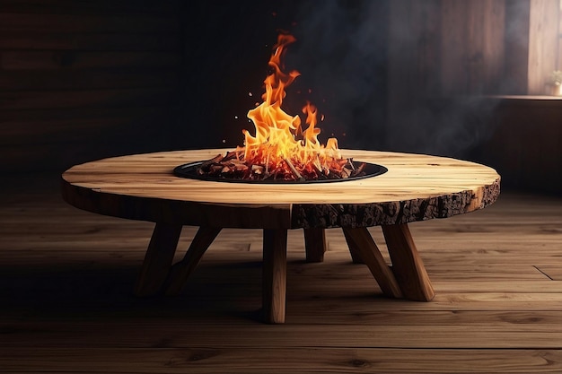 mesa de madera con fuego ardiendo en el borde de la mesa