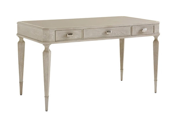 Mesa de madera gris con cajones aislado en blanco