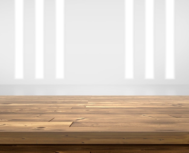 Mesa de madera en la habitación interiores modernos fondo 3d render