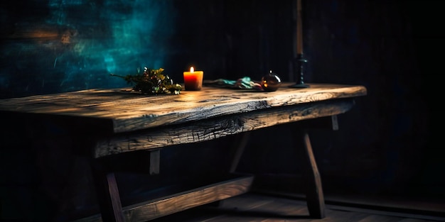 Mesa de madera en una habitación oscura con fondo borroso