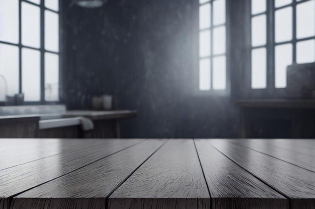 Una mesa de madera en una habitación oscura con una ventana detrás