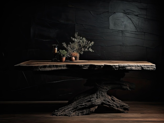 Mesa de madera en una habitación oscura