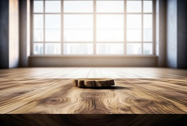 Mesa de madera en una habitación vacía con vistas a la ciudad desde la ventana Foto de alta calidad