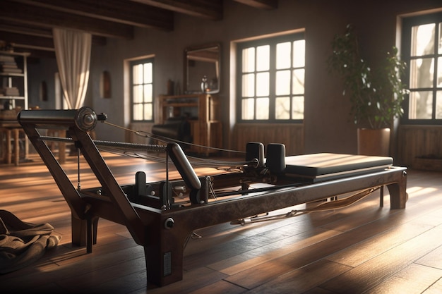 Una mesa de madera en una habitación con una ventana detrás que dice "pilates".