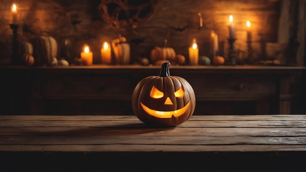 Una mesa de madera con un halloween espeluznante.