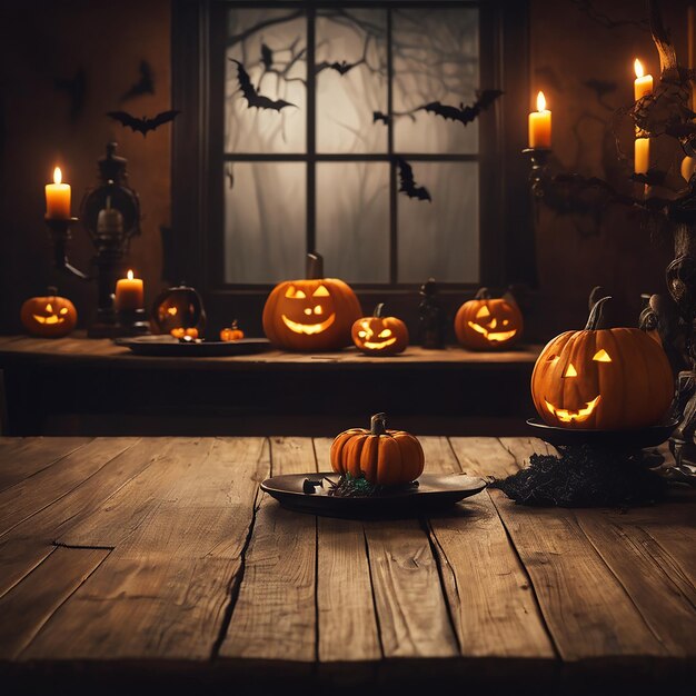 Una mesa de madera con un halloween espeluznante.