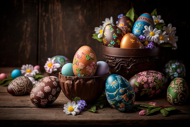 En una mesa de madera hay huevos de Pascua Contexto festivo IA generativa