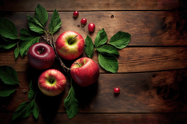 En una mesa de madera hay manzanas rojas maduras Vista desde arriba con espacio para el texto