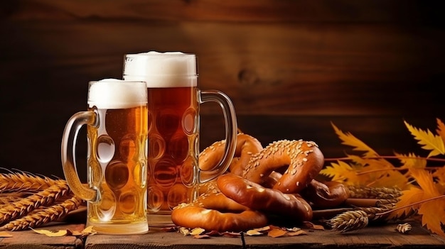 En una mesa de madera hay tazas de cerveza y pretzels Festival de la cerveza Oktoberfest GENERAR IA