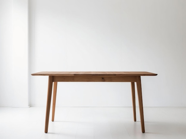 Mesa de madera hecha a mano con telón de fondo blanco