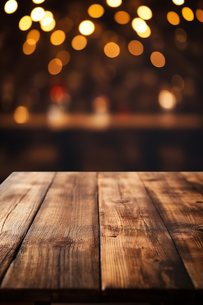 Mesa de madera con un hermoso bokeh