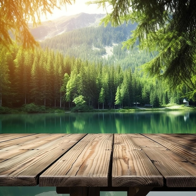 mesa de madera en un hermoso lago