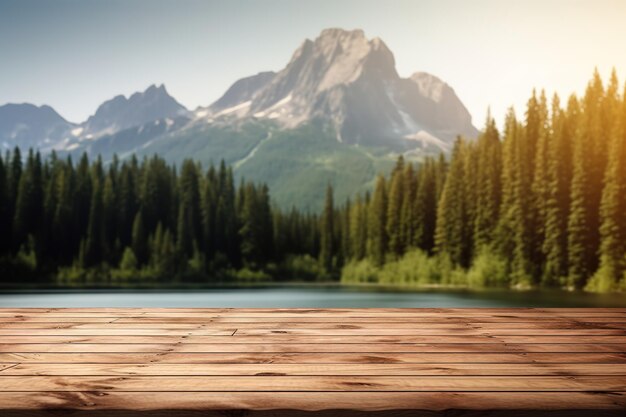 mesa de madera en un hermoso lago