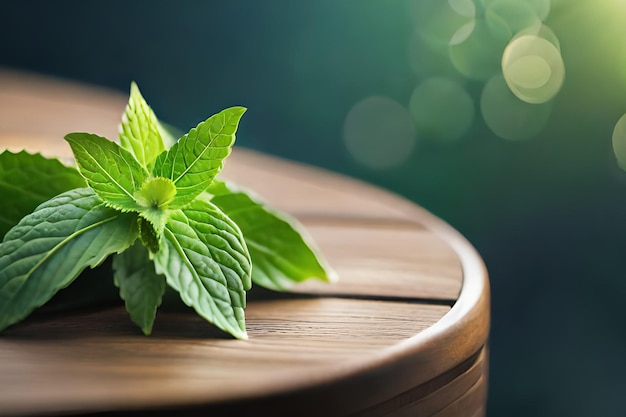 Una mesa de madera con una hoja verde encima