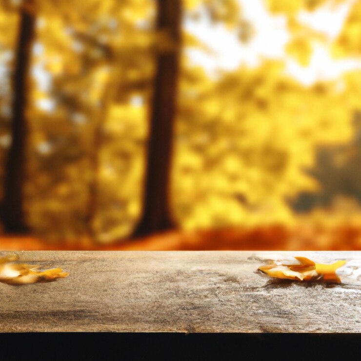 Una mesa de madera con hojas y un fondo amarillo con una escena de otoño en el fondo