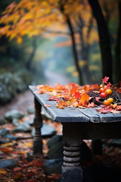 Mesa de madera con hojas de otoño y manzanas en el bosque