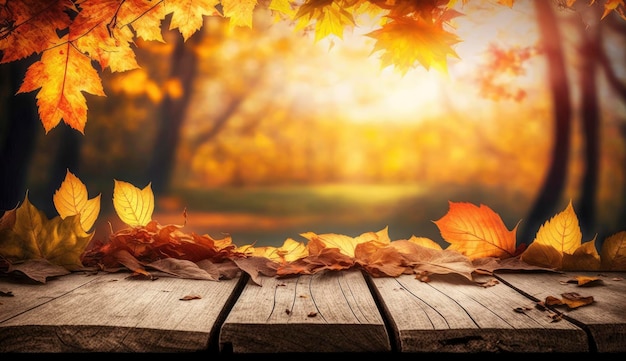 Una mesa de madera con hojas de otoño