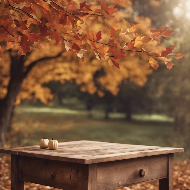 Mesa de madera con hojas secas de otoño IA generativa