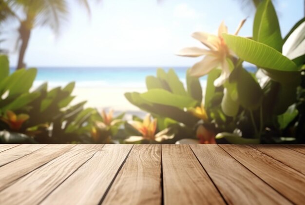 Foto mesa de madera con hojas tropicales y fondo borroso de la playa y la luz del sol listo para mostrar el producto ai generativo