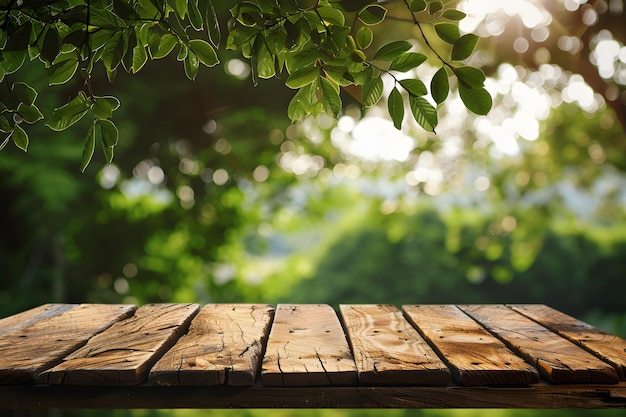 Una mesa de madera con hojas verdes borrosas en el fondo