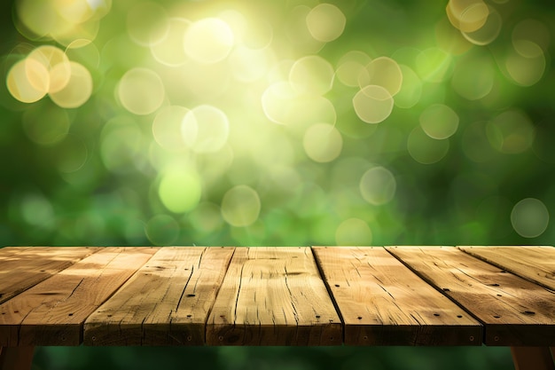 Una mesa de madera con hojas verdes borrosas en el fondo