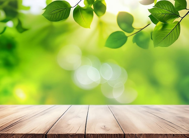 Una mesa de madera con hojas verdes delante