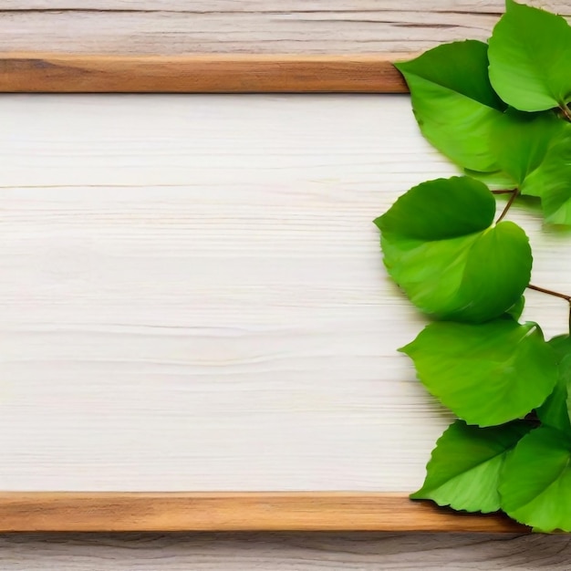 mesa de madera con hojas verdes de primavera como marco y espacio libre para el texto